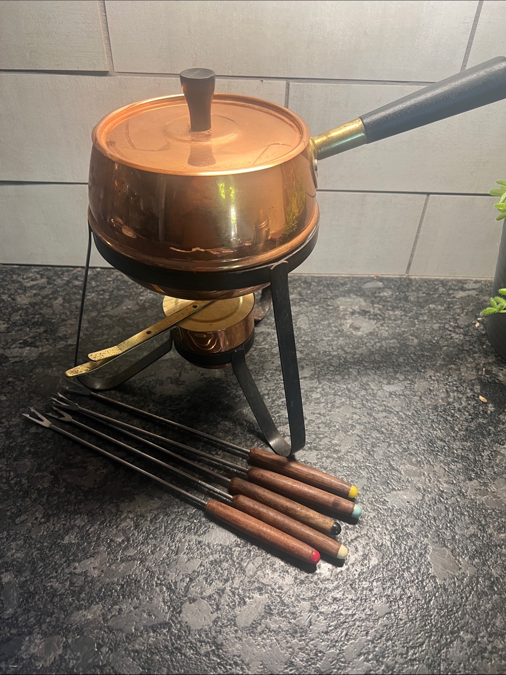 Copper Fondue Set with Wooden-Handled Forks - Copper